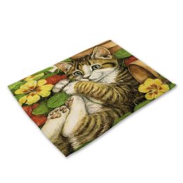 Fabric Cotton Linen Western Placemat Cute Cat Print First-hand Supply Tableware Mat Factory Wholesale