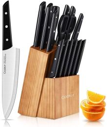 Knife Set with Block, Cookit 15 Pieces Kitchen Knife Set with Pine Block Holder, Knife Block Set with Sharpener, High Stainless Steel Knives with Comf