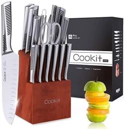 Kitchen Knife Set, Cookit 15 Piece Knife Sets with Block Chef Knife Stainless Steel Hollow Handle Cutlery with Manual Sharpener