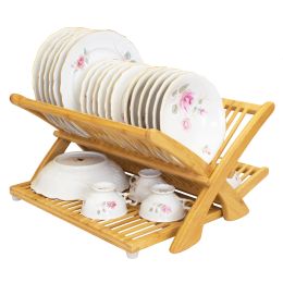 Foldable bamboo bowl rack to dry dishes.