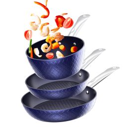 (Do Not Sell on Amazon) Frying Pan Sets Non Stick 3Pcs, Blue 3D Diamond Cookware, 20/24cm Frying Pan, 18cm Saucepan - Pots and Pans Set, Aluminum Cera