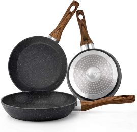 (Do Not Sell on Amazon) Frying Pan Set 3-Piece Nonstick Saucepan Woks Cookware Set,Heat-Resistant Ergonomic Wood Effect Bakelite Handle Design,PFOA Fr