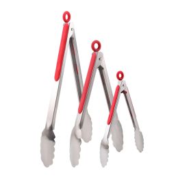 Stainless Steel Kitchen Tongs Set of 3, Locking Metal Food Tongs Non-Slip Grip (Color: Red)