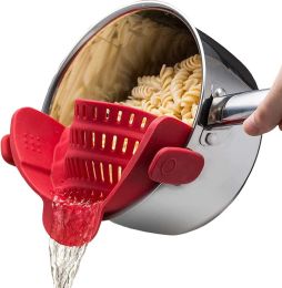 Kitchen Snap N Strain Pot Strainer and Pasta Strainer - Adjustable Silicone Clip On Strainer for Pots, Pans, and Bowls - Gray (Color: Red)