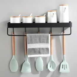 Black Hook Frame Wall-mounted Kitchen Shelf Hanging Rod Space Aluminum Hanger Storage Rack Home Condiment Rack (size: 30CM With Hook With Rod)