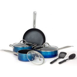 Household Daily Delicacies Pot Safe Non-Stick Cookware Set (Color: Blue, Type: 9 Piece)