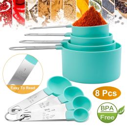 8Pcs Plastic Measuring Spoons Cups Scale Teaspoon Tablespoon Set Kitchen Utensil Tools (Color: Green)