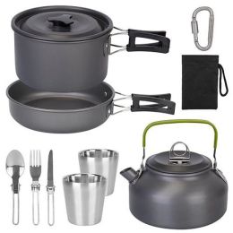 Outdoor Hiking Picnic Camping Cookware Set Picnic Stove Aluminum Pot Pans Kit (Color: Grey, Type: 12 Pcs)