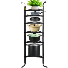 6-Tier Cookware Stand; Carbon Steel Multi-Layer Pot Rack; 61.2-inch Cookware Shelf; Matt Cookware Storage Tower; Unassembled Kitchen Corner Shelf Rack (Color: Matt Black, Material: Carbon Steel)