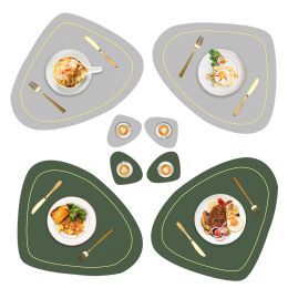 Leather Placemat and Coasters Set Placemats Set of 4 for Dining Table Washable Heat-Resistant Non-Slip Place Mat for Kitchen (Color: Green + Grey)
