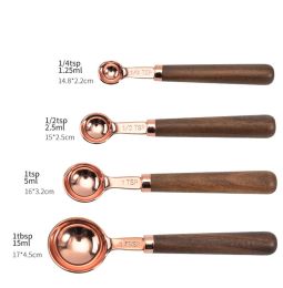 Kitchen Accessories 4Pcs/Set Measuring Cups Spoons Stainless Steel Plated Copper Wooden Handle Cooking Baking Tools (Color: Rose Gold, Set Quantity: 4-PC)