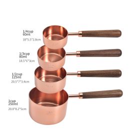 Kitchen Accessories 4Pcs/Set Measuring Cups Spoons Stainless Steel Plated Copper Wooden Handle Cooking Baking Tools (Color: Rose Gold, Set Quantity: 4Pcs/Set)