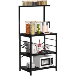 Baker's Rack Storage Shelf Microwave Cart Oven Stand Coffee Bar with Side Hooks 4 Tier Shelves (Color: Black, Material: Wood, Metal)