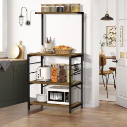 Baker's Rack Storage Shelf Microwave Cart Oven Stand Coffee Bar with Side Hooks 4 Tier Shelves (Color: Brown, Material: Wood, Metal)