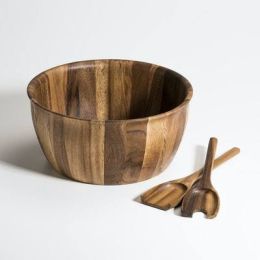 X-Large Salad Bowl with Servers (Color: Brown, Material: acacia wood)